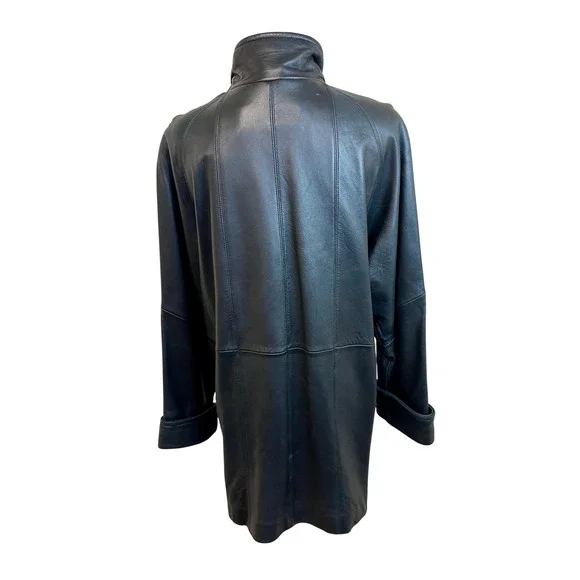 Vintage Y2K LIZ CLAIBORNE Black Leather Car Coat Jacket Zip Sz M Minimalist Goth - Picture 3 of 16